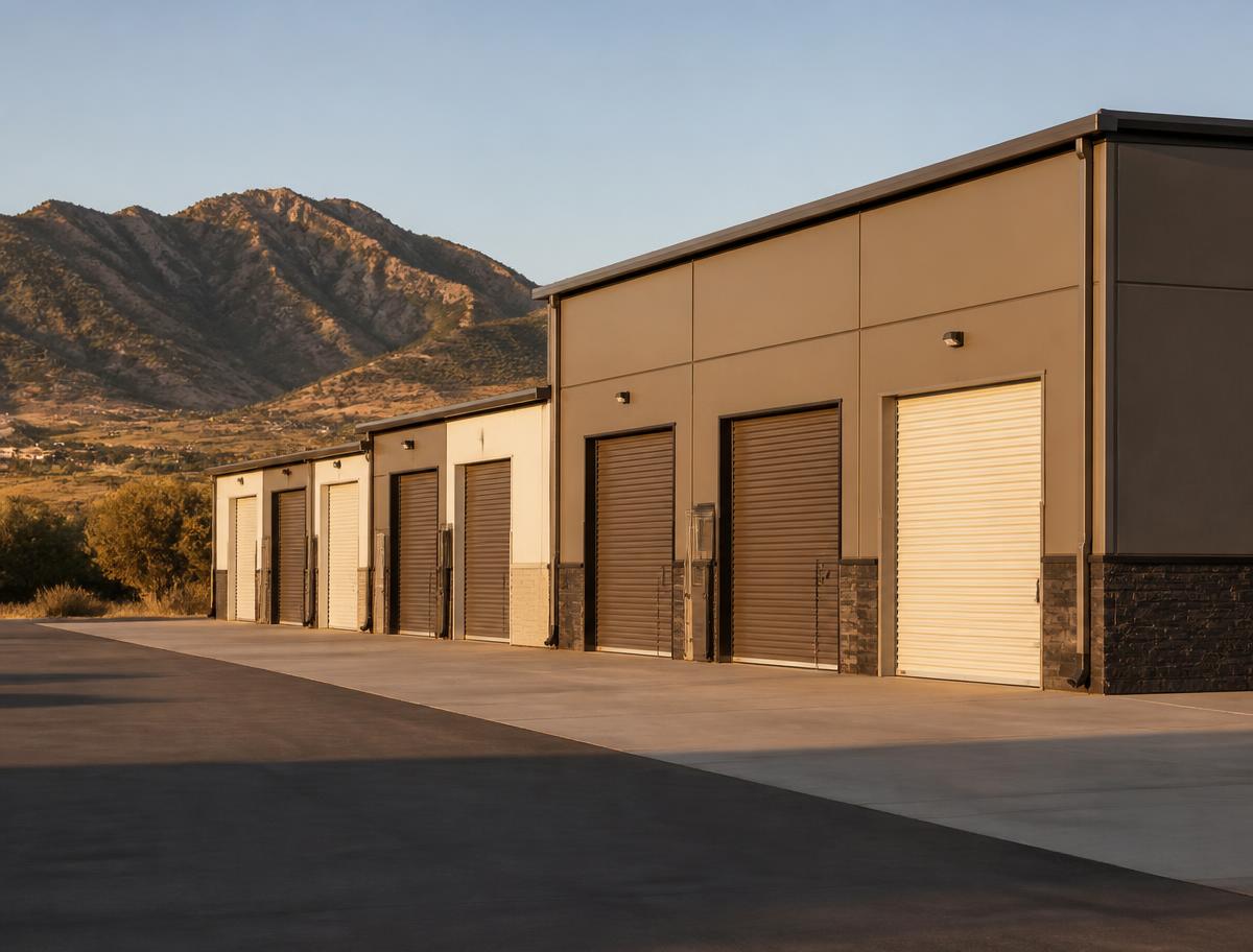 Row of exterior flex shop bays with mountains in the background