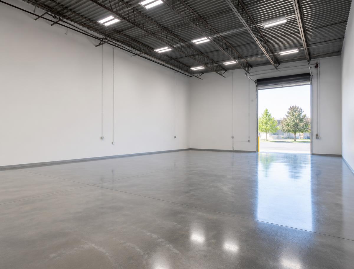 Interior of a clean flex warehouse bay with an open roll-up door